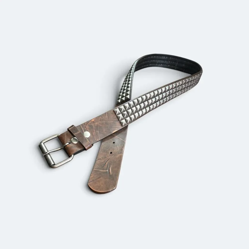 Distressed Brown Faux Leather 3-Row Silver Pyramid Studded Punk Belt